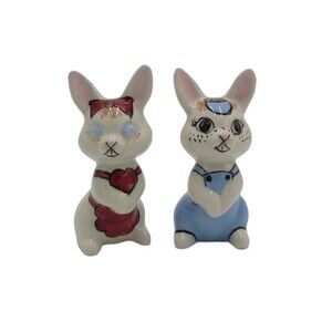 Bunny Rabbit Ceramic Set His + Hers Vintage Easter Figurines Hand Painted Retro